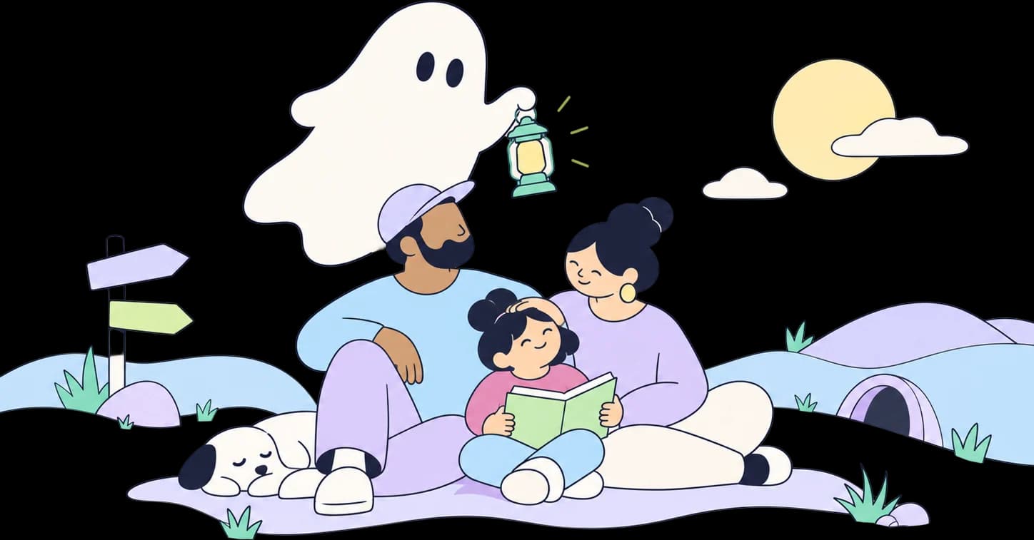 A family reading together while Ghost holds a lantern